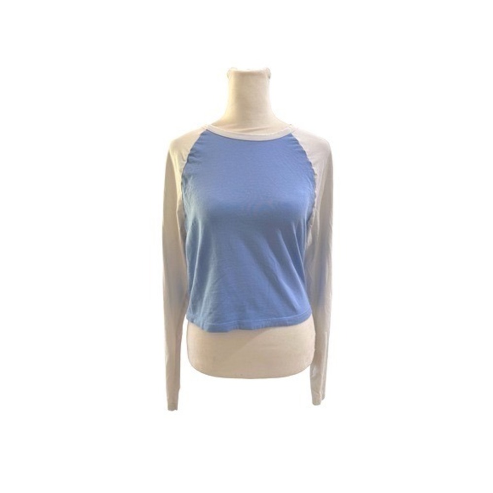 PINK Victoria's Secret Blue Cream Raglan‎ Baseball Long Sleeve Crop Top Large